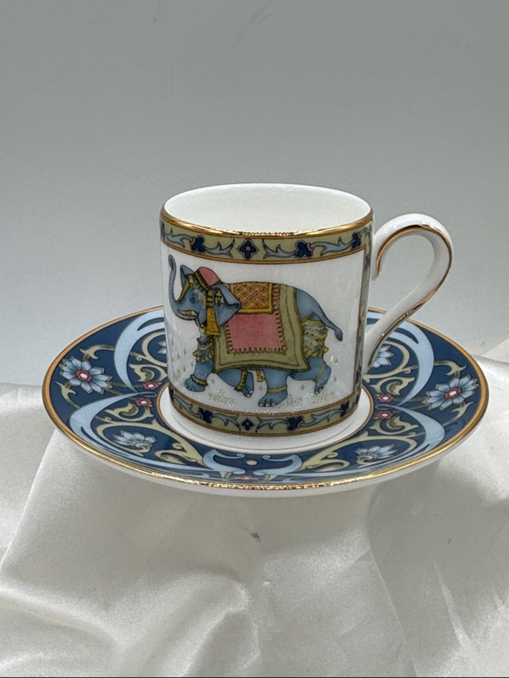 Elephant Motif Porcelain Teacup & Saucer - Blue, Gold, Pink Accents